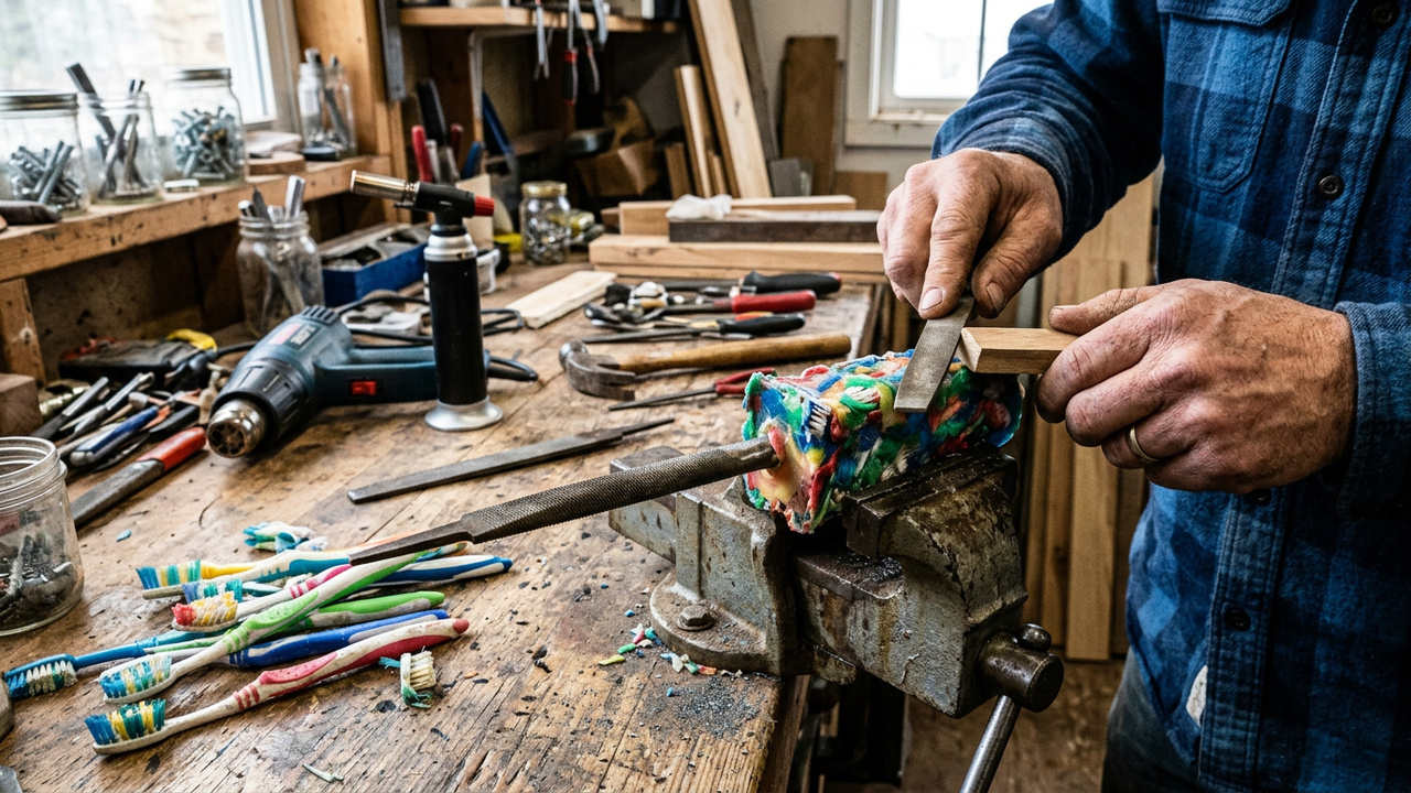 Um reaproveitamento simples transforma escovas velhas em uma peça plástica artesanal