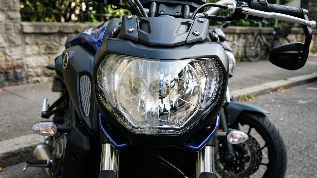 Farol riscado de moto pode ser recuperado com lixamento e polimento técnico