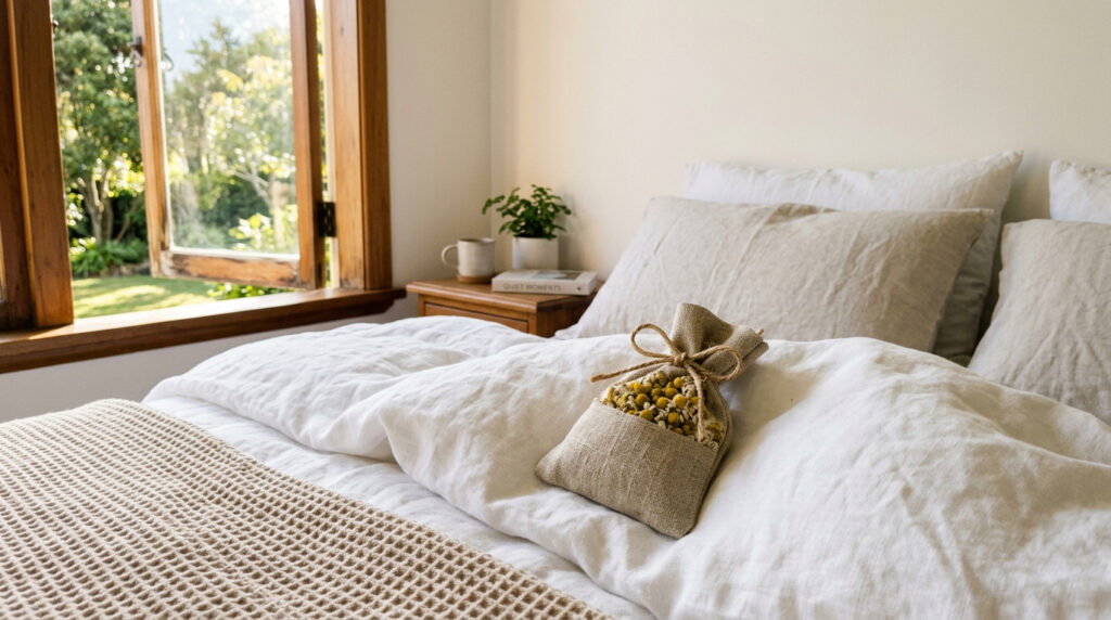 Coloque sachê de camomila debaixo do travesseiro à noite, seu quarto vai te agradecer pela manhã