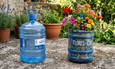 Esse galão de 20 litros ganhou nova função e virou um vaso artesanal cheio de presença