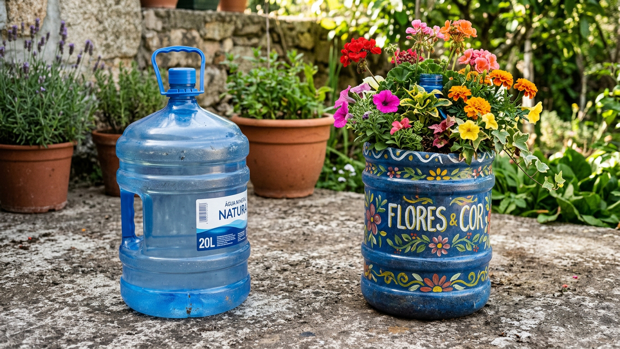 Esse galão de 20 litros ganhou nova função e virou um vaso artesanal cheio de presença