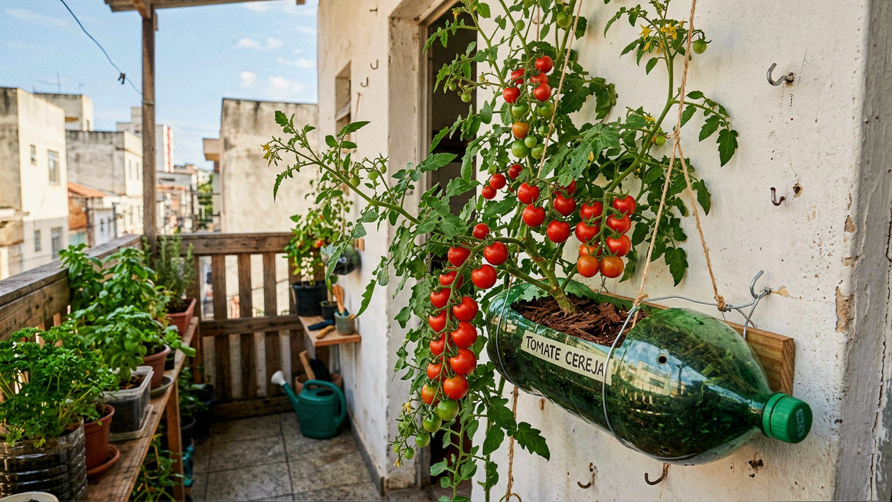 O jeito de plantar tomate na garrafa pet que economiza espaço e rende bons resultados mesmo em casa