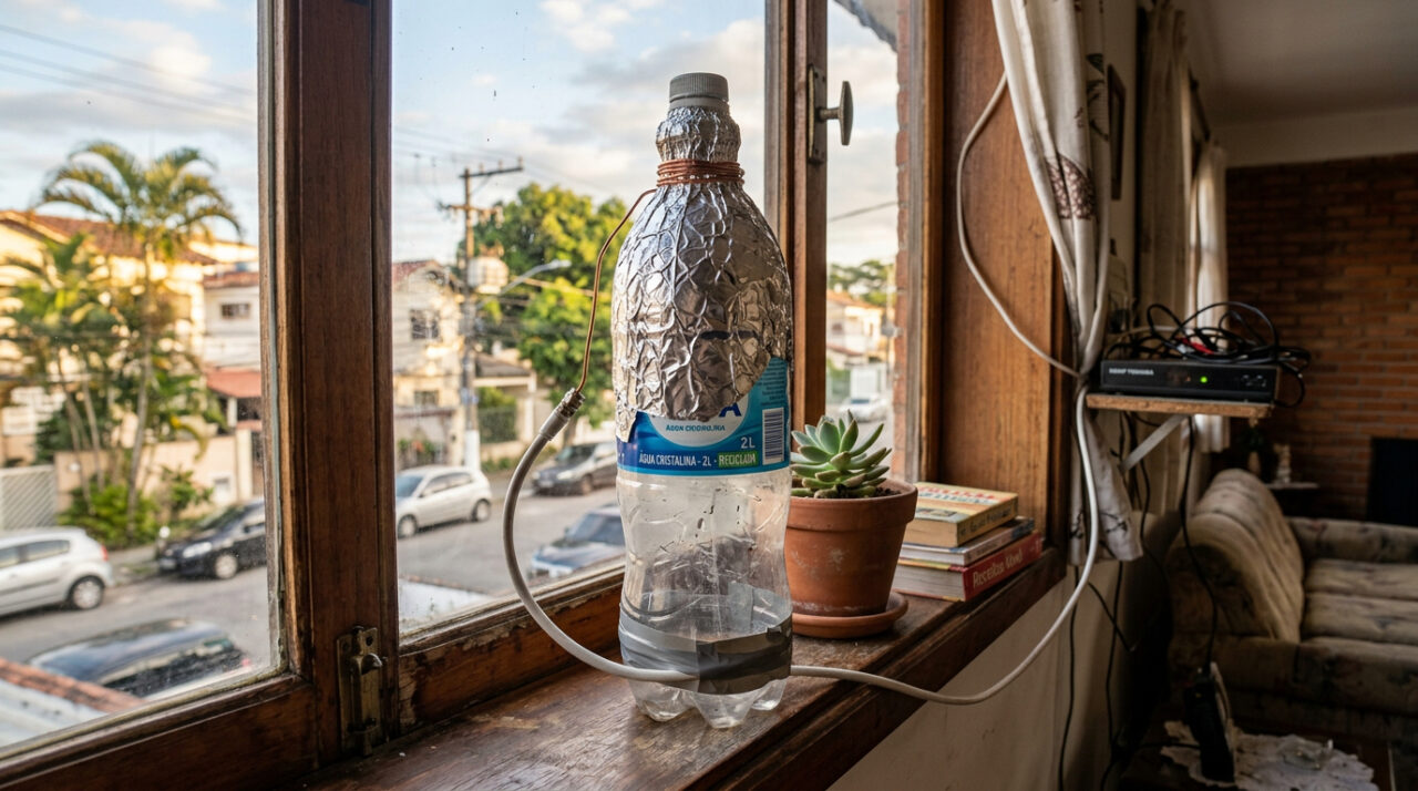 Essa garrafa plástica ganhou nova função em uma antena caseira simples e curiosa