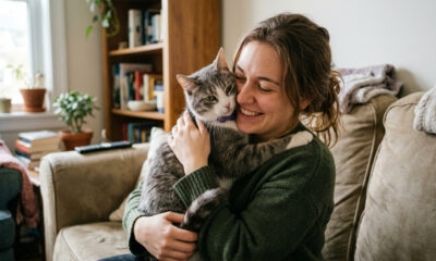 Gata que ficou um mês sem se mover agora adora abraçar sua mamãe