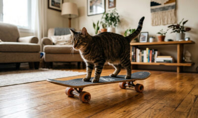 Essa gatinha aprendeu a andar de skate sozinha