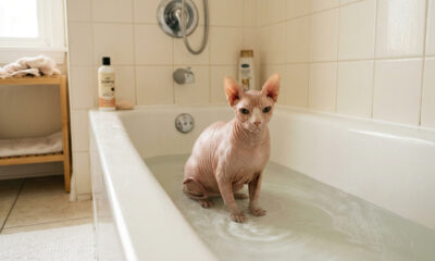 Gato sem pelo cria hábito curioso e passa a aproveitar o momento do banho