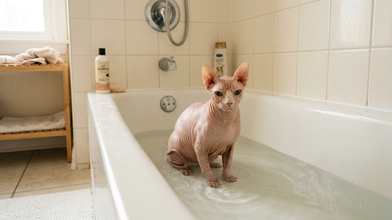 Gato sem pelo cria hábito curioso e passa a aproveitar o momento do banho