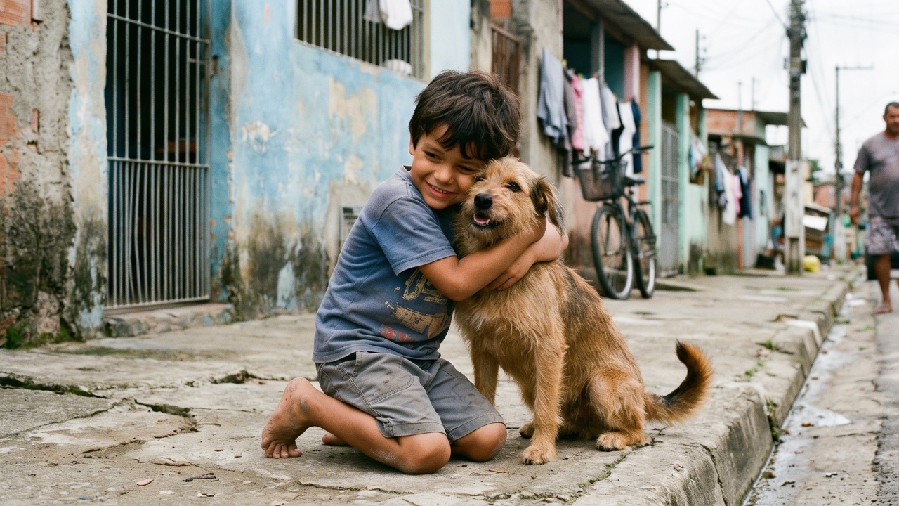 Menino para pra abraçar cachorros vira-lata quando achava que ninguém estava olhando