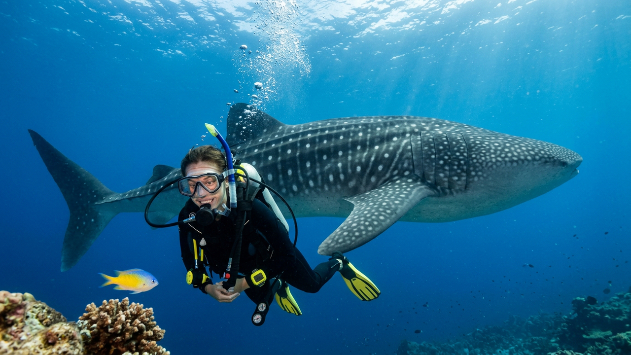 Mergulhador brincando com peixinho é surpreendido com o maior tubarão do mundo bem atrás dele