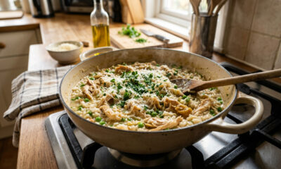 Misture frango desfiado, tomate, caldo e manteiga e faça um risoto de frango cremoso e gostoso