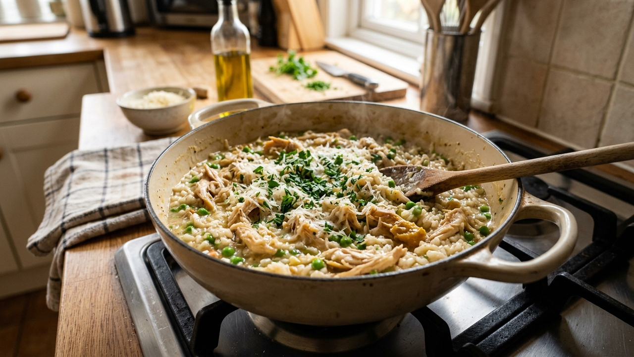 Misture frango desfiado, tomate, caldo e manteiga e faça um risoto de frango cremoso e gostoso