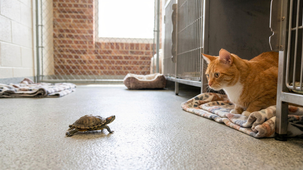 Essa tartaruguinha encontrou um gato laranja e apostou uma corrida com ele