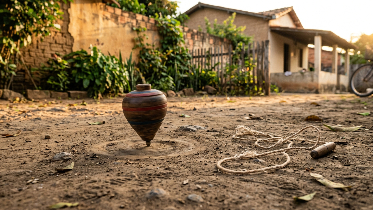 Pião e bolinha de gude eram jogos simples que prendiam a atenção a tarde inteira