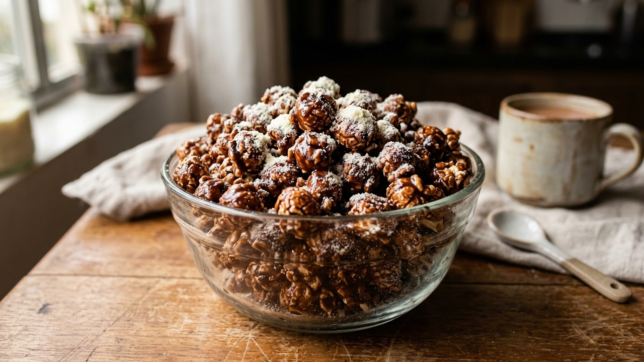Essa pipoca caramelizada com chocolate leva leite em pó e fica perfeita para quem ama doce crocante