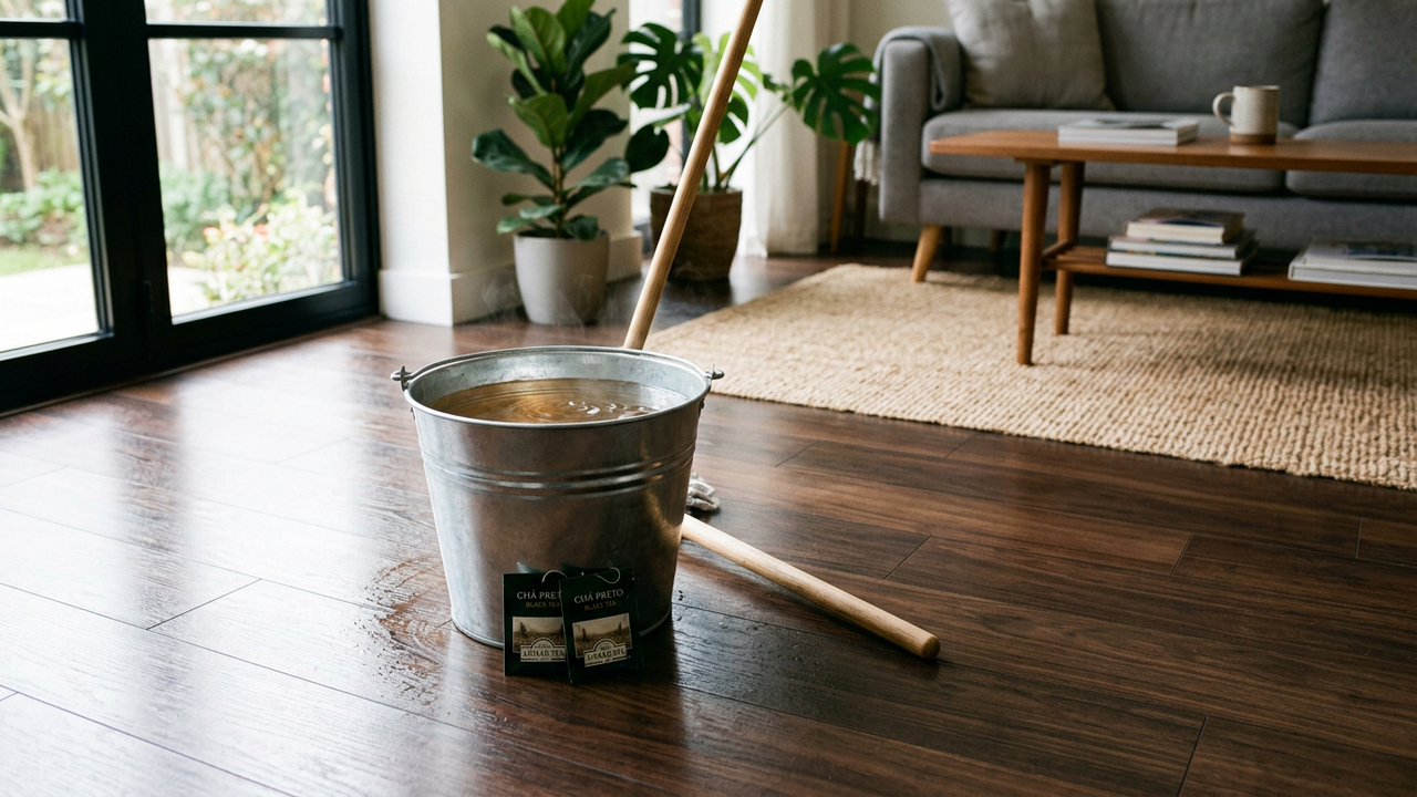 Joguei dois sachês de chá no balde e lavei o piso sem marcas e com brilho natural