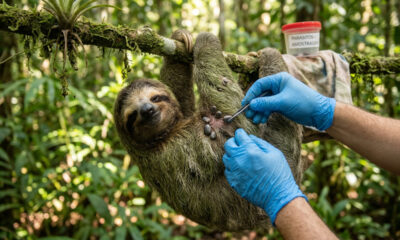 Veja o alívio no rosto desta preguiça depois que 40 carrapatos foram removidos do seu corpo