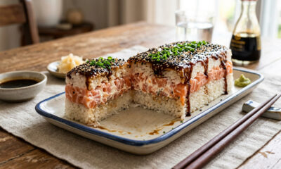 Coloque salmão, arroz japonês e cream cheese na travessa e faça um sushi de preguiçoso simples e delicioso