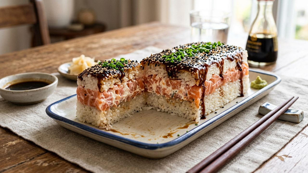 Coloque salmão, arroz japonês e cream cheese na travessa e faça um sushi de preguiçoso simples e delicioso