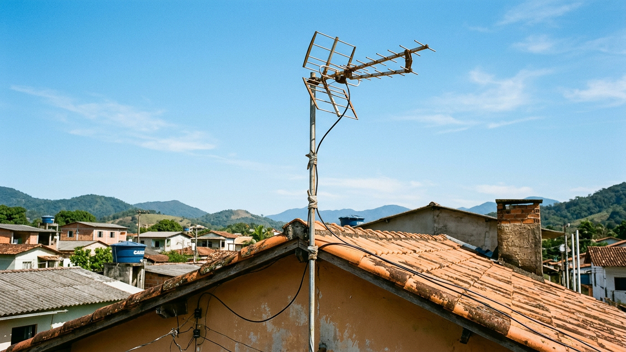 A antena de TV no telhado era comum e fazia parte da paisagem de quase toda casa