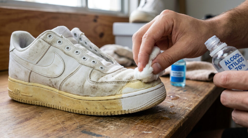 Apenas três gotas em um algodão: a sola amarelada do tênis vai ficar quase como nova