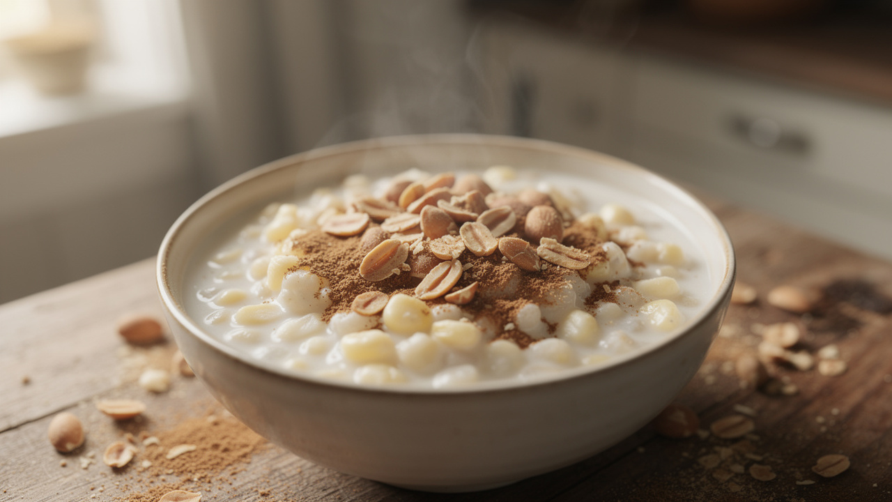 Misture leite condensado, leite de coco e amendoim e faça uma canjica cremosa perfeita para servir em dias frios