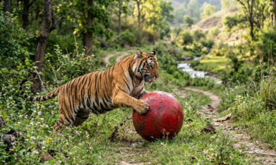 Tigre resgatado de um zoológico se apega à sua bola vermelha gigante