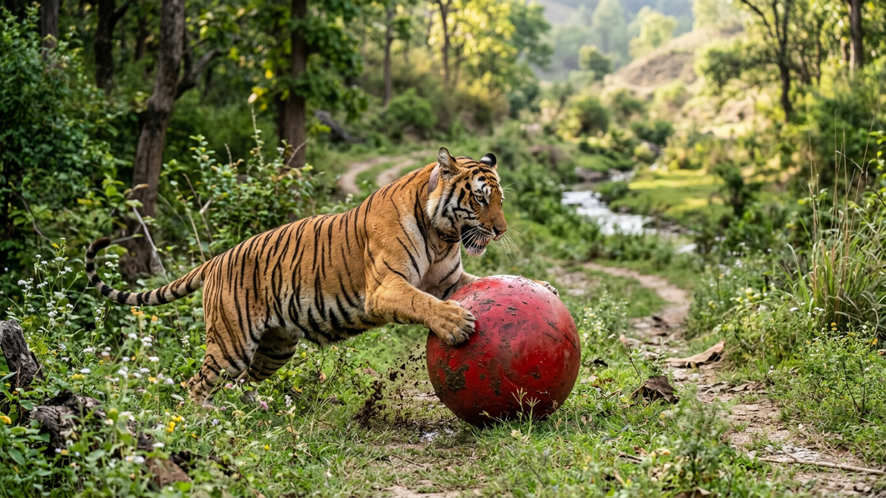 Tigre resgatado de um zoológico se apega à sua bola vermelha gigante