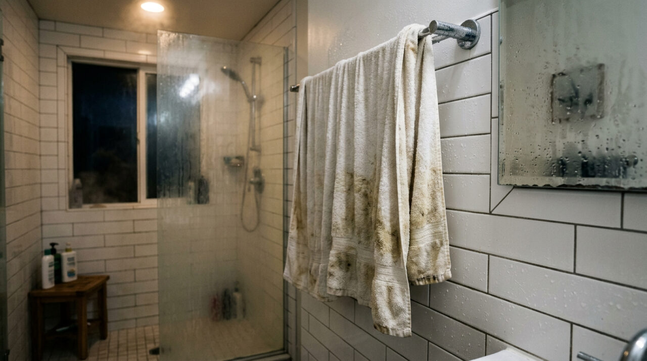 Por que a toalha fica manchada mesmo depois de tomar banho