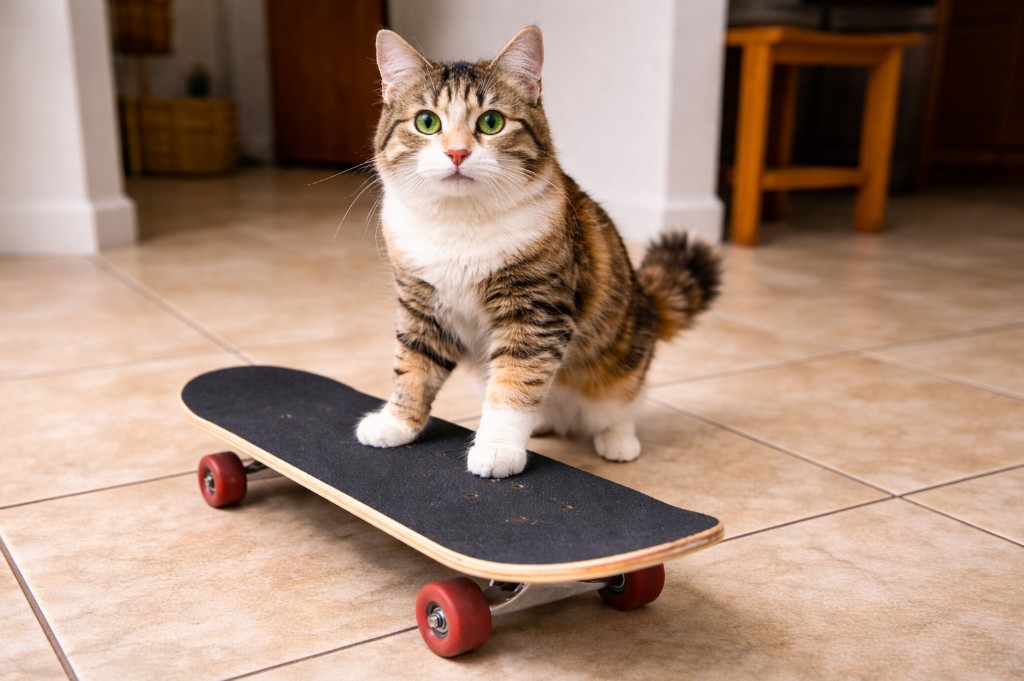 Essa gatinha aprendeu a andar de skate sozinha