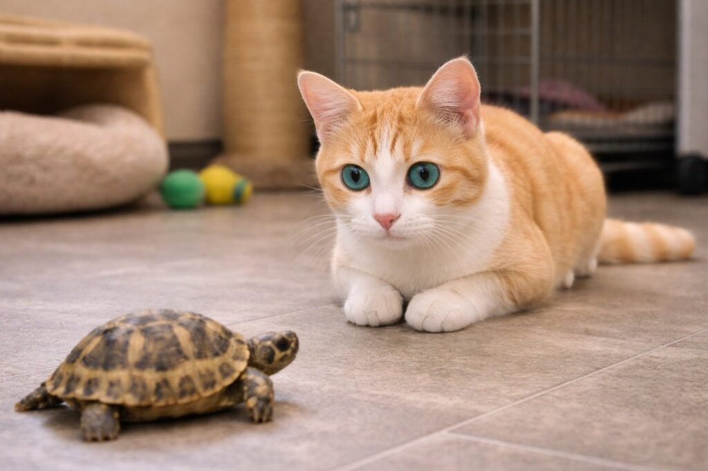 Essa tartaruguinha encontrou um gato laranja e apostou uma corrida com ele