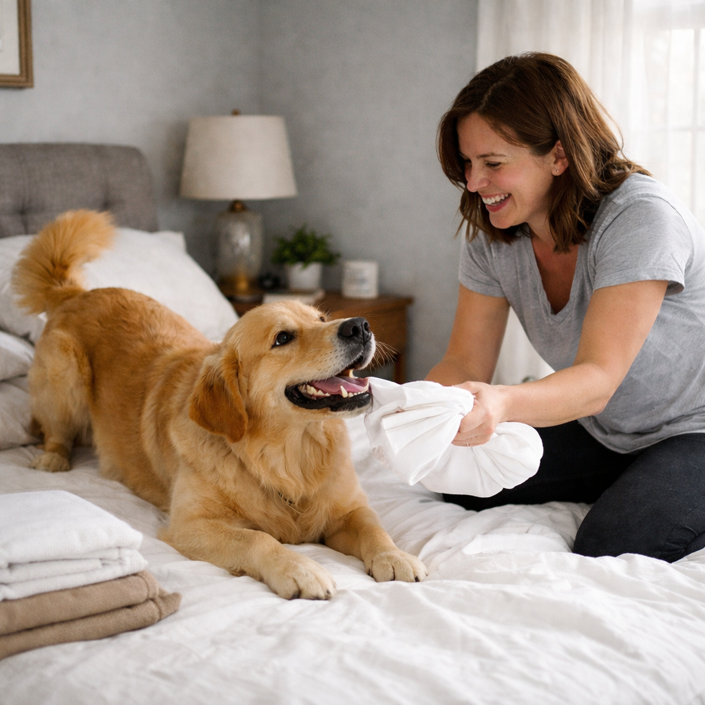 Cadela transformou rotina de arrumar a cama em momento de diversão