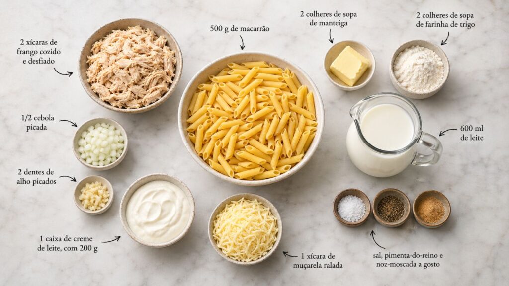Esse macarrão com frango e molho branco fica cremoso na medida, perfeito para servir ainda bem quentinho