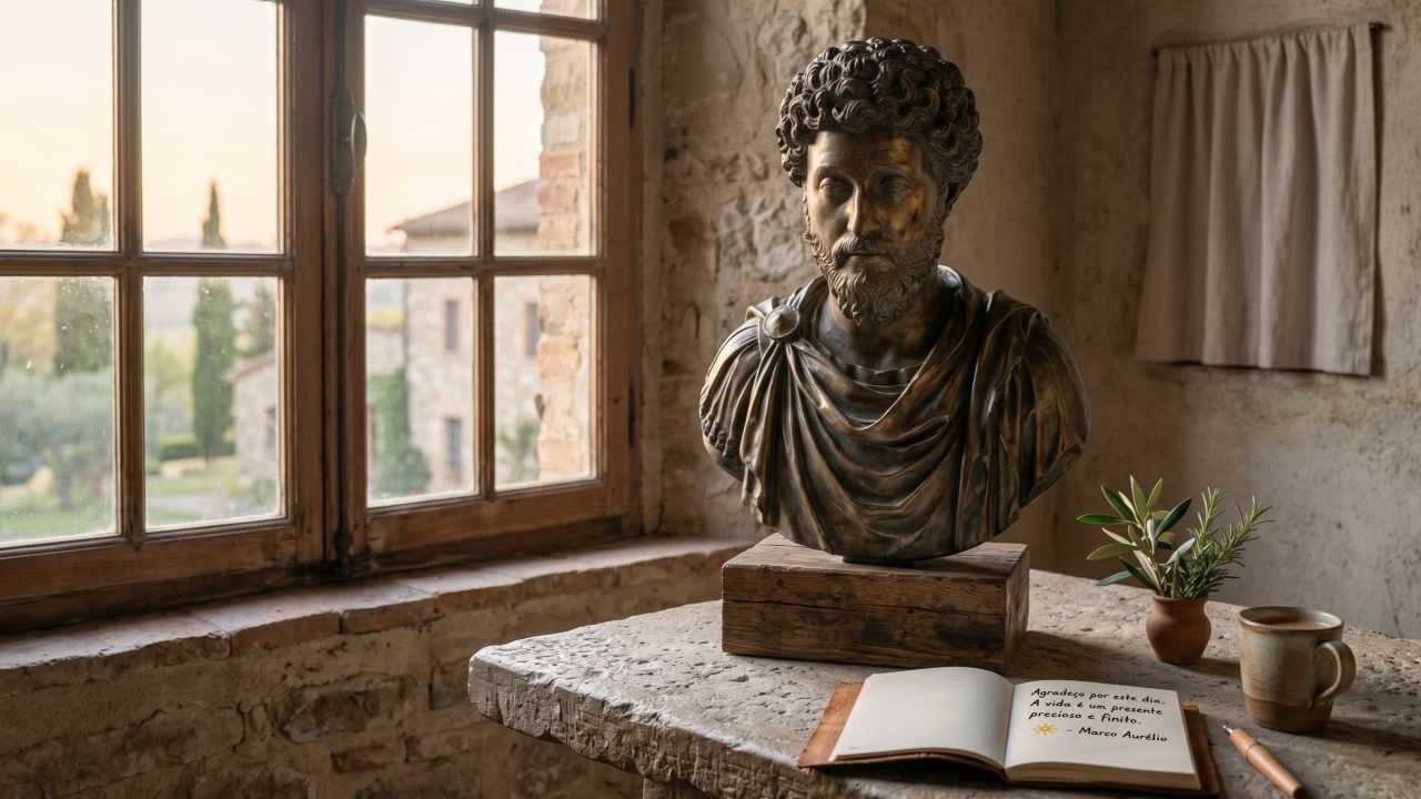 Citação do dia de Marco Aurélio: “Ao acordar pela manhã, pense em...” Essa mensagem ensina a iniciar o dia com foco e sabedoria