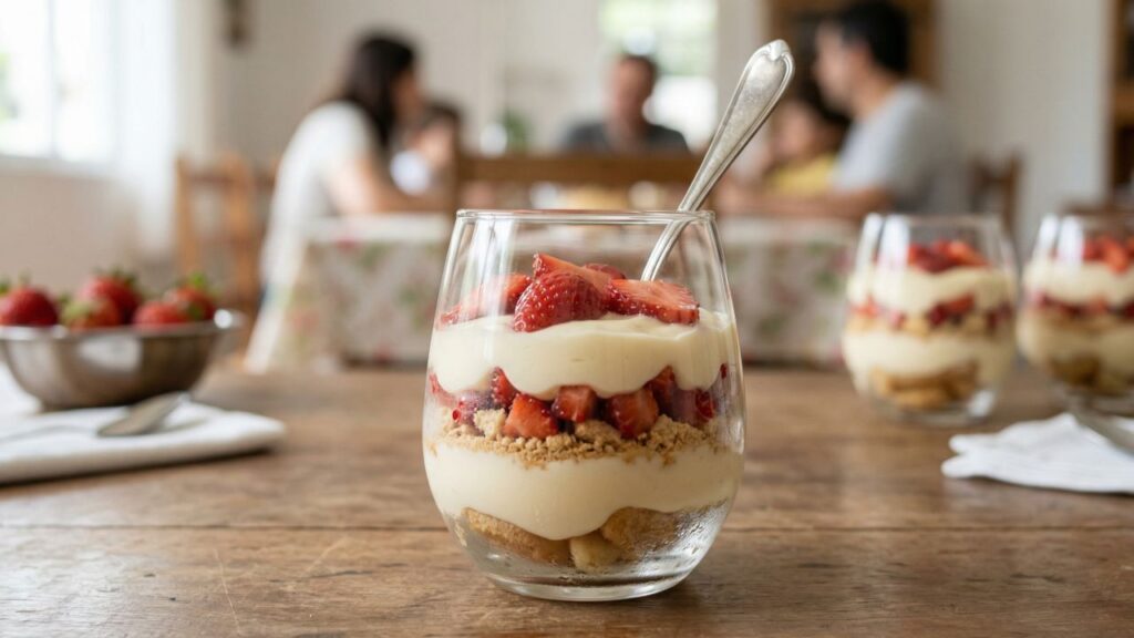 Misture creme de leite, morango e bolacha e faça uma sobremesa gelada fácil que lembra pavê