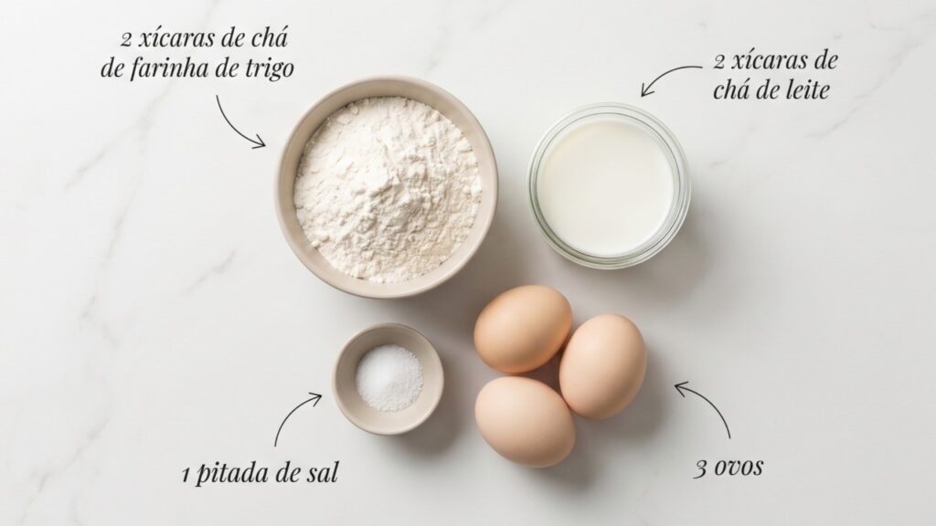 Misture farinha, leite, ovos e sal e faça uma massa de panqueca leve e fácil de trabalhar