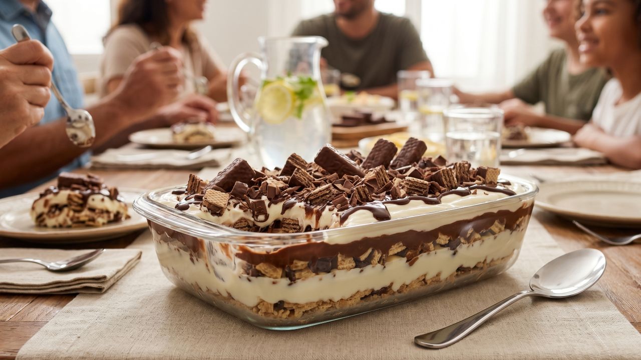 Esse pavê de Bis fica cremoso e crocante na medida certa, perfeito para matar a vontade de uma sobremesa gelada