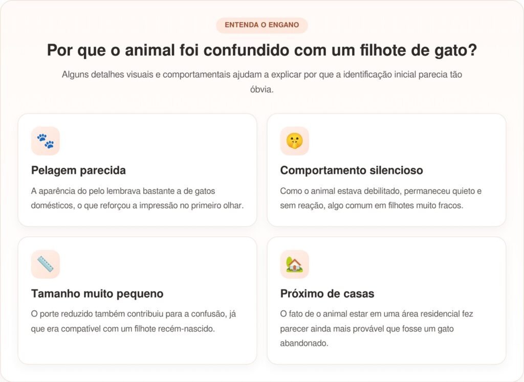 Quadro informativo com quatro fatores que levaram à confusão do animal com um gato: pelagem semelhante, comportamento silencioso, tamanho pequeno e localização em área residencial.