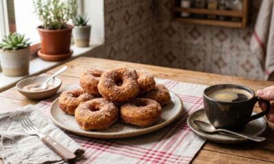 Misture farinha de trigo, açúcar, leite e ovos e faça uma rosquinha frita, perfeita para servir com café fresquinho