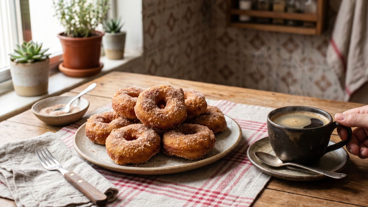 Misture farinha de trigo, açúcar, leite e ovos e faça uma rosquinha frita, perfeita para servir com café fresquinho