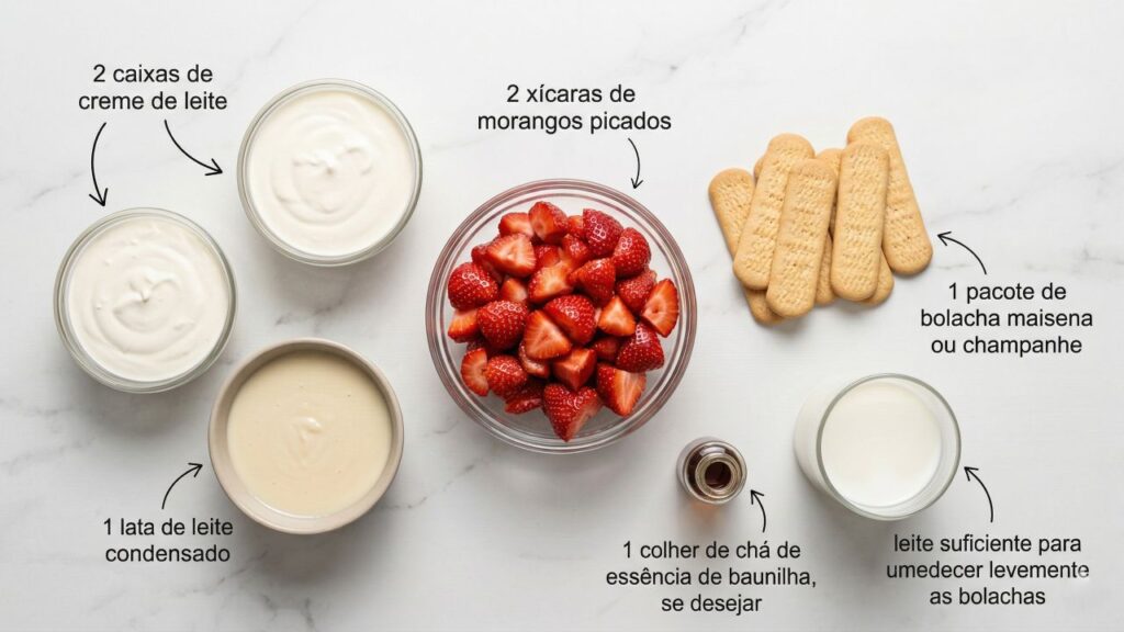 Misture creme de leite, morango e bolacha e faça uma sobremesa gelada fácil que lembra pavê