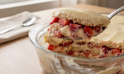 Misture creme de leite, morango e bolacha e faça uma sobremesa gelada fácil que lembra pavê