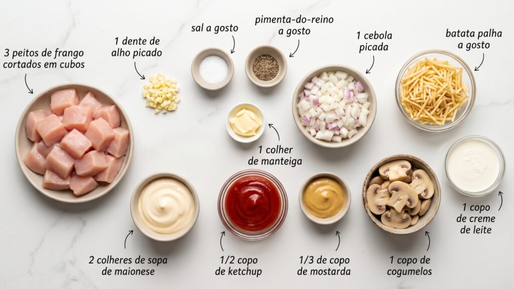 Misture frango, ketchup, mostarda e creme de leite e faça um strogonoff cremoso e delicioso