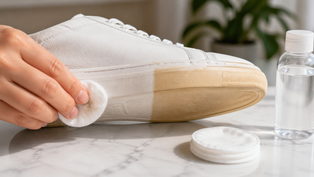 Apenas 3 gotas no algodão e a sola amarelada do tênis volta a parecer quase nova sem gastar quase nada