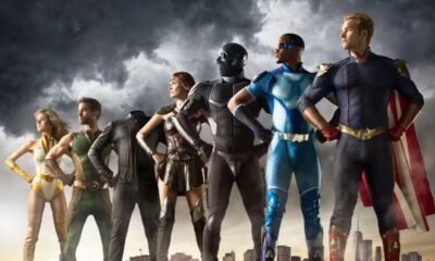 Sete super-heróis de The Boys: Starlight, The Deep, Translucent, Maeve, Black Noir, A-Train e Homelander.