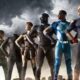 Sete super-heróis de The Boys: Starlight, The Deep, Translucent, Maeve, Black Noir, A-Train e Homelander.