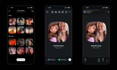 Três telas de celular exibem a interface do Instagram para o recurso 'Instants' e 'Instants recap'.