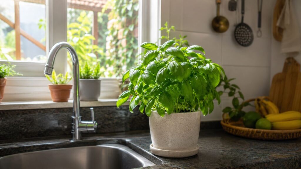Um vaso de manjericão perto da janela pode deixar a cozinha mais bonita sem exagero