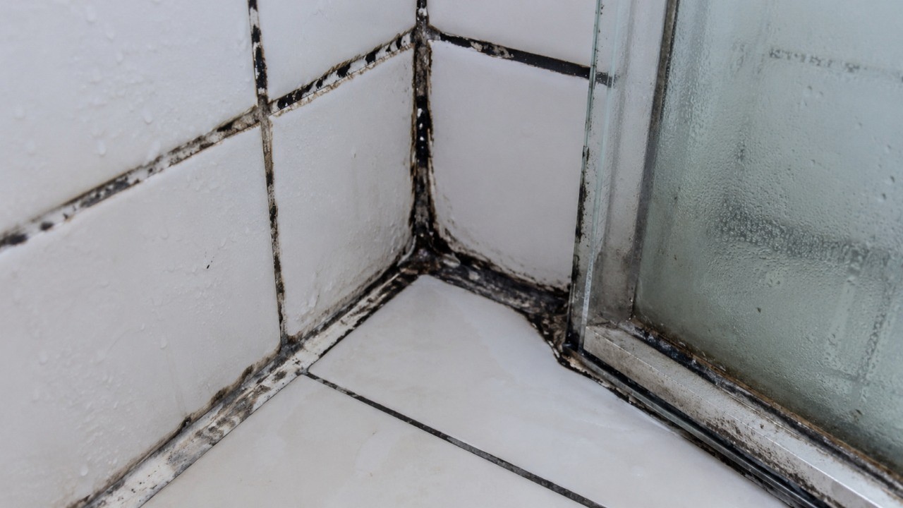 Black mold on white tiled shower wall and glass enclosure.