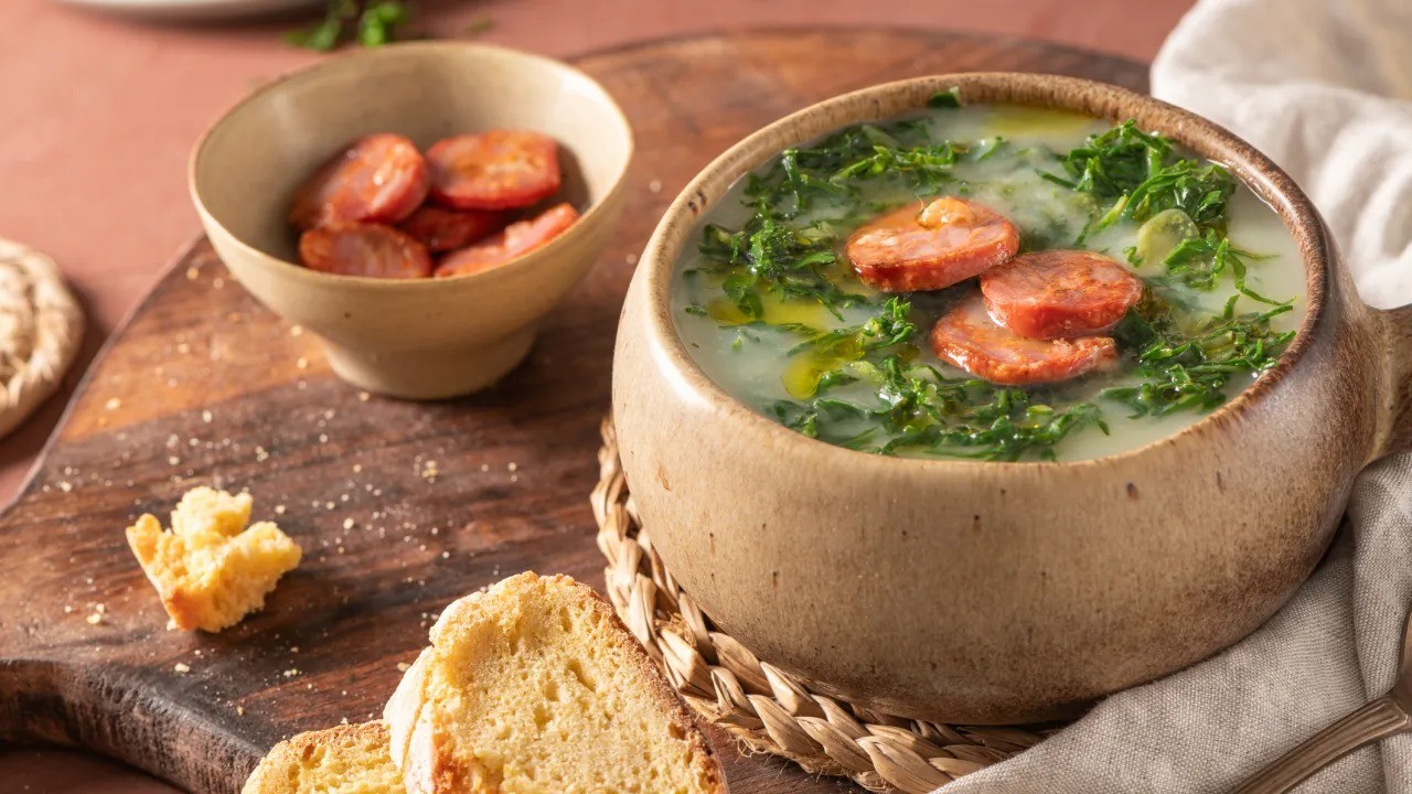 Caldo verde em tigela rústica com couve, linguiça calabresa, azeite e fatias de pão.