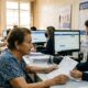 Idosa e atendente com máscara analisam documentos em centro de assistência para idosos.
